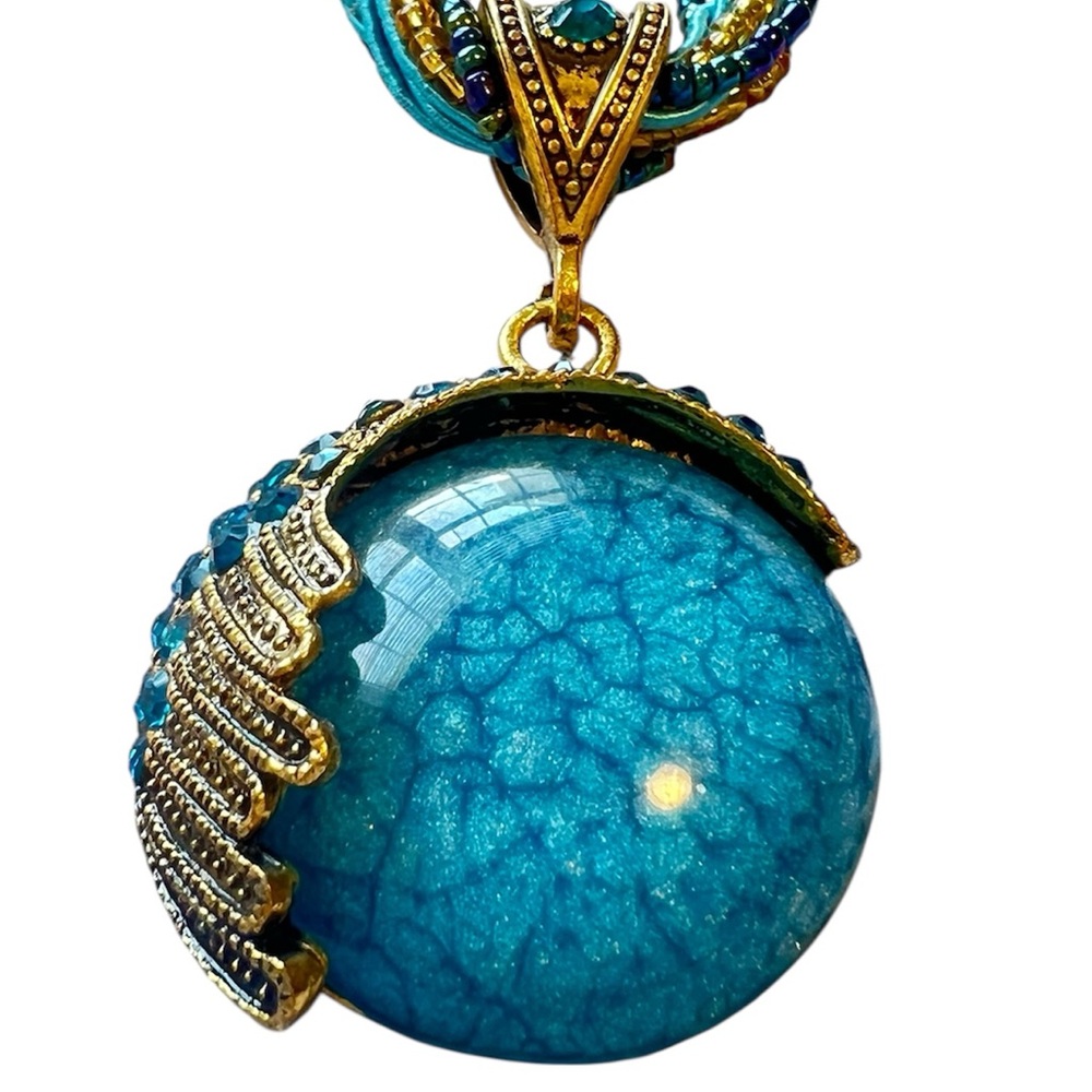 Bohemian Blue & Gold Resin Pendant Necklace with Rhinestone accents - Picture 4 of 4